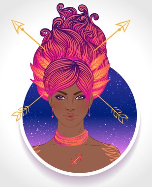 Güzel bir Afro-Amerikan kızı olarak yay burcunun çizimi. Zodiac vektör çizimi beyaza izole edildi. Gelecek anlatımı, yıldız falı, moda siyahi kadın.
