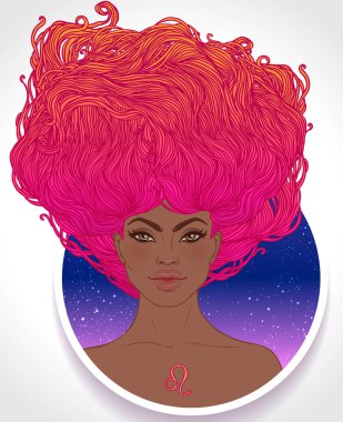 Leo astrolojik işaretinin güzel bir Afrikalı Amerikalı kız olarak resmedilmiş hali. Zodiac vektör çizimi beyaza izole edildi. Gelecek anlatımı, yıldız falı, moda siyahi kadın.