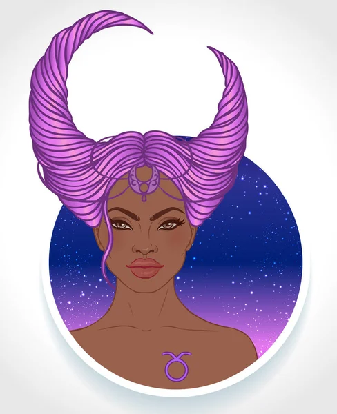 Illustration of Taurus astrological sign as a beautiful African American girl. Zodiac vector illustration isolated on white. Future telling, horoscope, fashion black woman. — Stock Vector