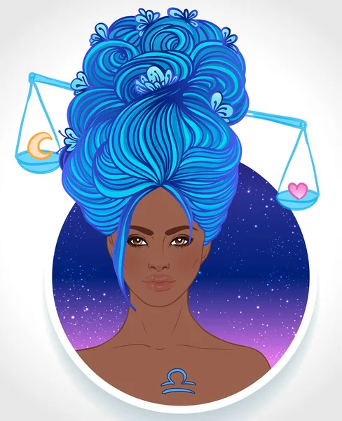 Ilustração de Libra signo astrológico como uma bela menina afro-americana. Ilustração do vetor do zodíaco isolado no branco. Contação futura, horóscopo, moda mulher negra . — Vetor de Stock