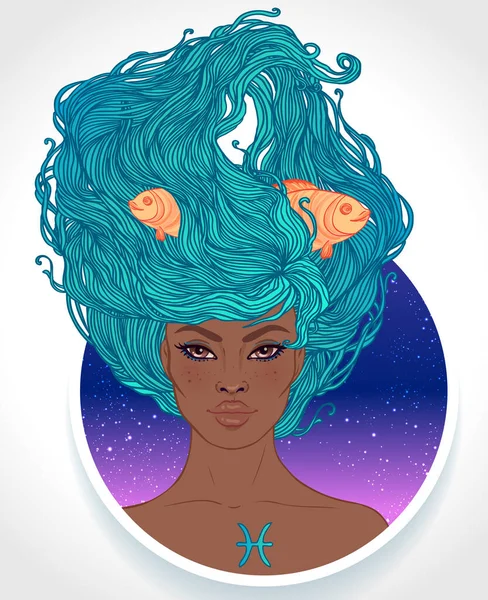 Ilustración de Piscis signo astrológico como una hermosa chica afroamericana. Ilustración vectorial del zodíaco aislada en blanco. Futuro de contar, horóscopo, moda mujer negra . — Vector de stock