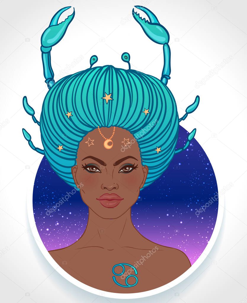 Illustration of Cancer astrological sign as a beautiful African American girl. Zodiac vector illustration isolated on white. Future telling, horoscope, fashion black woman.