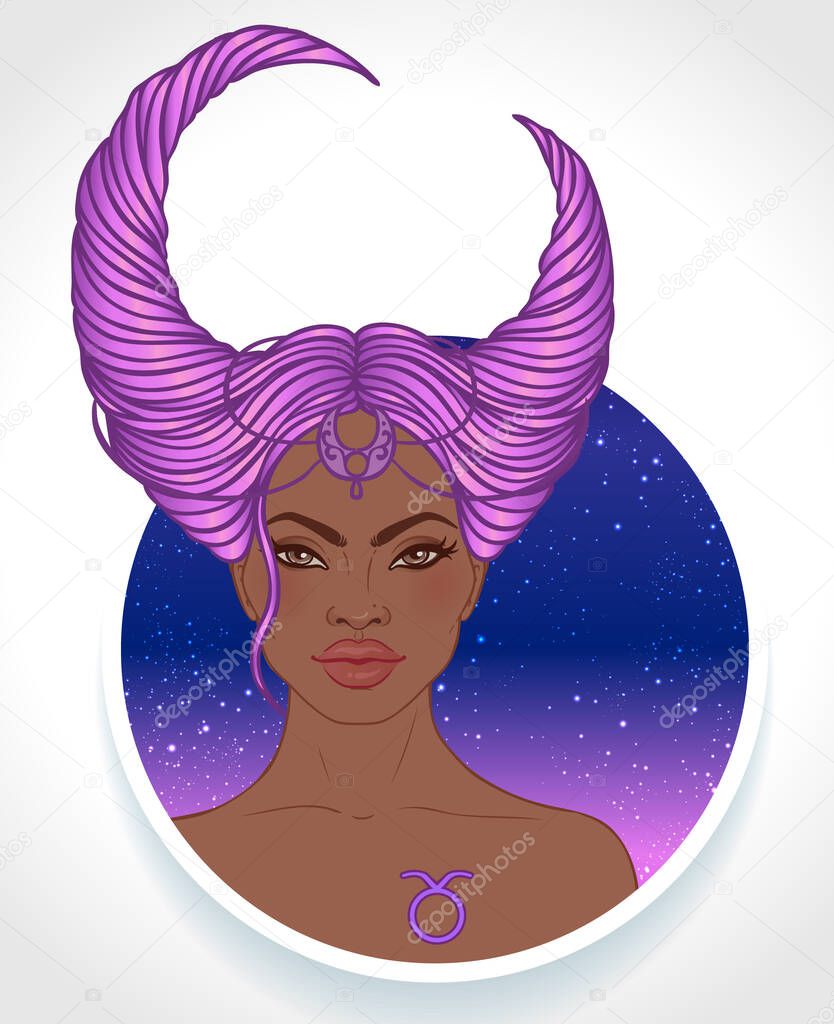 Illustration of Taurus astrological sign as a beautiful African American girl. Zodiac vector illustration isolated on white. Future telling, horoscope, fashion black woman.