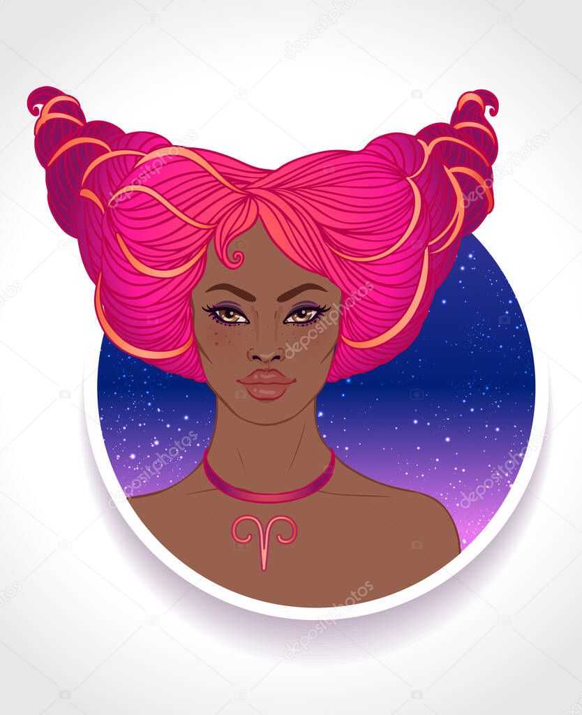 Illustration of Aries astrological sign as a beautiful African American girl. Zodiac vector illustration isolated on white. Future telling, horoscope, fashion black woman.