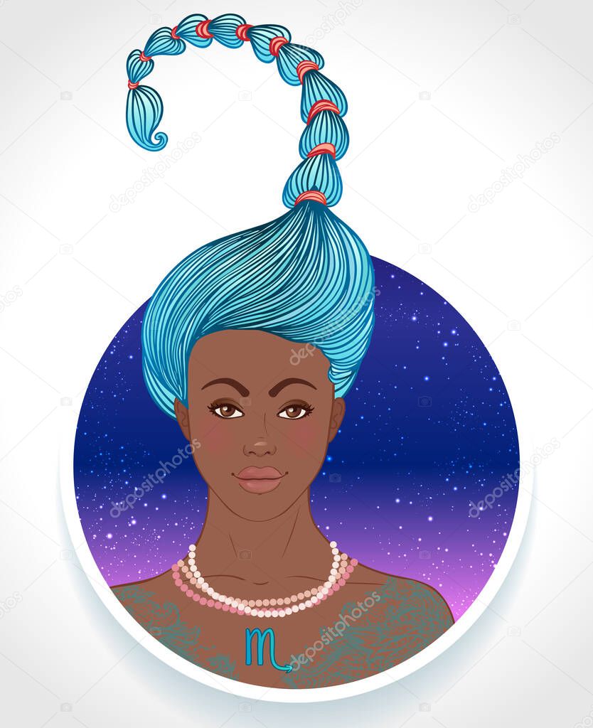 Illustration of Scorpio astrological sign as a beautiful African American girl. Zodiac vector illustration isolated on white. Future telling, horoscope, fashion black woman.