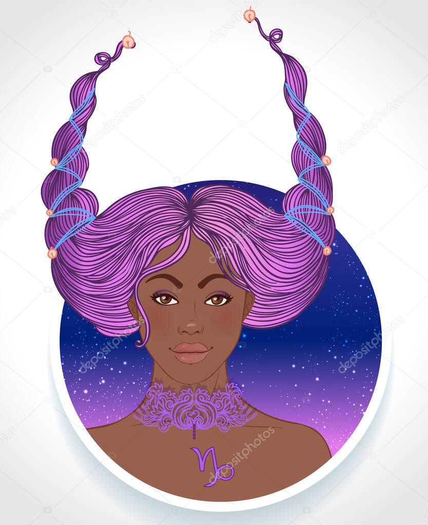 Illustration of Capricorn astrological sign as a beautiful African American girl. Zodiac vector illustration isolated on white. Future telling, horoscope, fashion black woman.