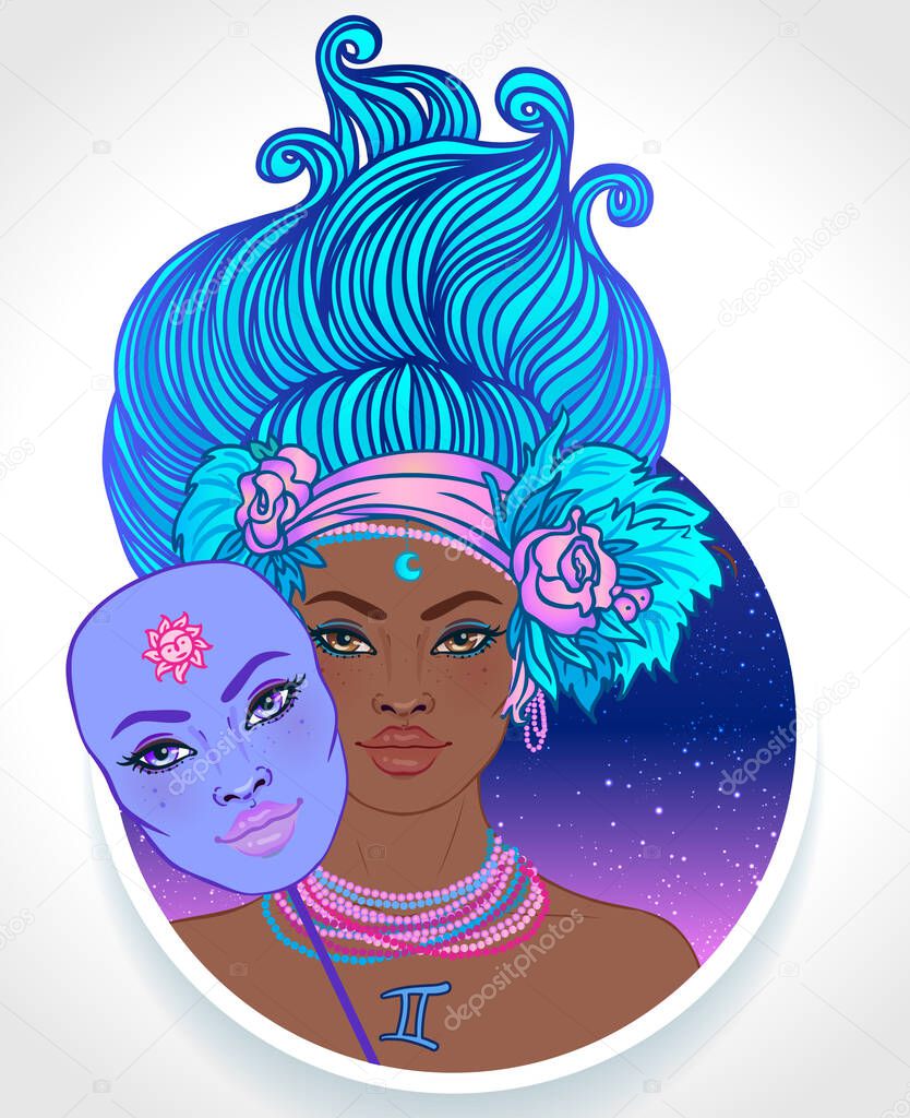 Illustration of Gemini astrological sign as a beautiful African American girl. Zodiac vector illustration isolated on white. Future telling, horoscope, fashion black woman.