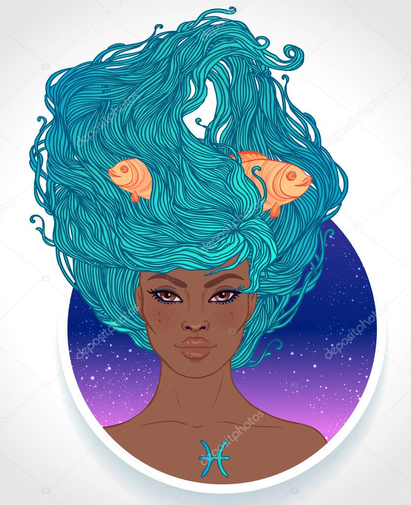 Illustration of Pisces astrological sign as a beautiful African American girl. Zodiac vector illustration isolated on white. Future telling, horoscope, fashion black woman.