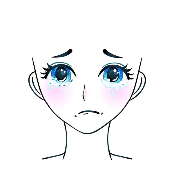 Cara de Manga. Olhos coloridos em estilo anime com reflexos de luz brilhantes. Ilustração vetorial brilhante isolada. Emoções, expressão de tristeza. Desenhos animados japoneses kawaii . —  Vetores de Stock