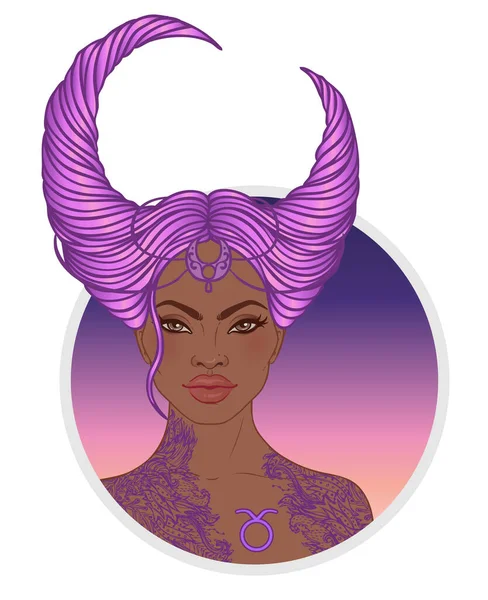 Illustratie van Stier astrologisch teken als een prachtig Afro-Amerikaans meisje. Dierenriem vector illustratie geïsoleerd op wit. Toekomst vertellen, horoscoop, mode zwarte vrouw. — Stockvector