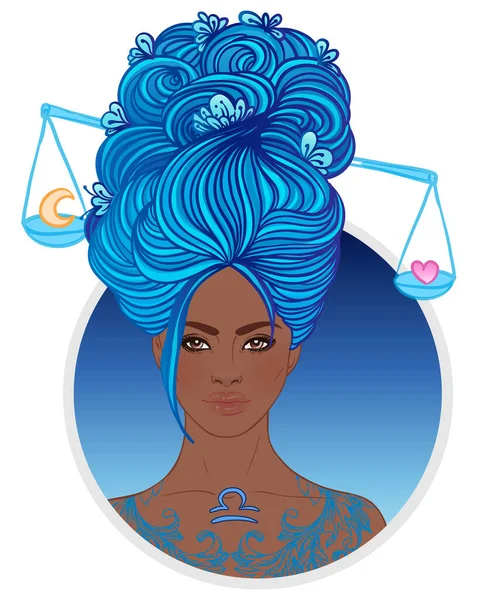 Ilustração de Libra signo astrológico como uma bela menina afro-americana. Ilustração do vetor do zodíaco isolado no branco. Contação futura, horóscopo, moda mulher negra . — Vetor de Stock