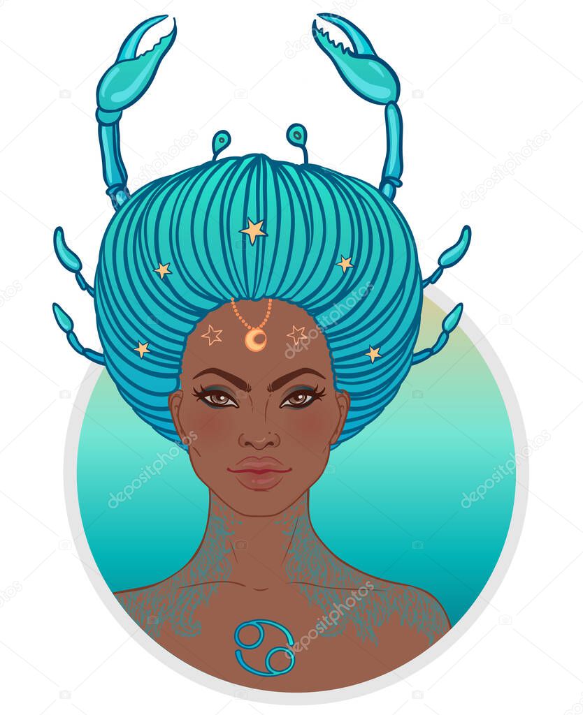 Illustration of Cancer astrological sign as a beautiful African American girl. Zodiac vector illustration isolated on white. Future telling, horoscope, fashion black woman.