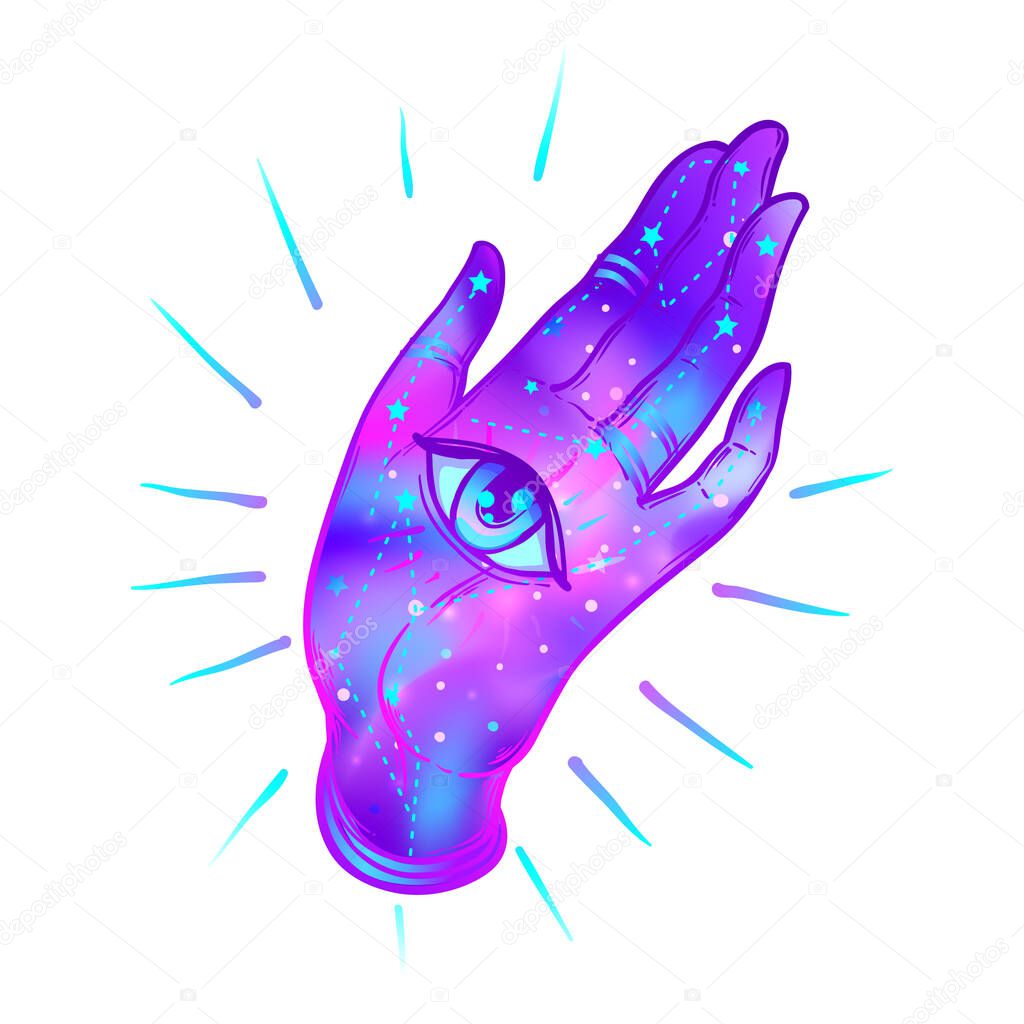 Open hand with the all-seeing eye on the palm. Occult design vector illustration. Color ink tattoo flash design. Vector illustration isolated on white.