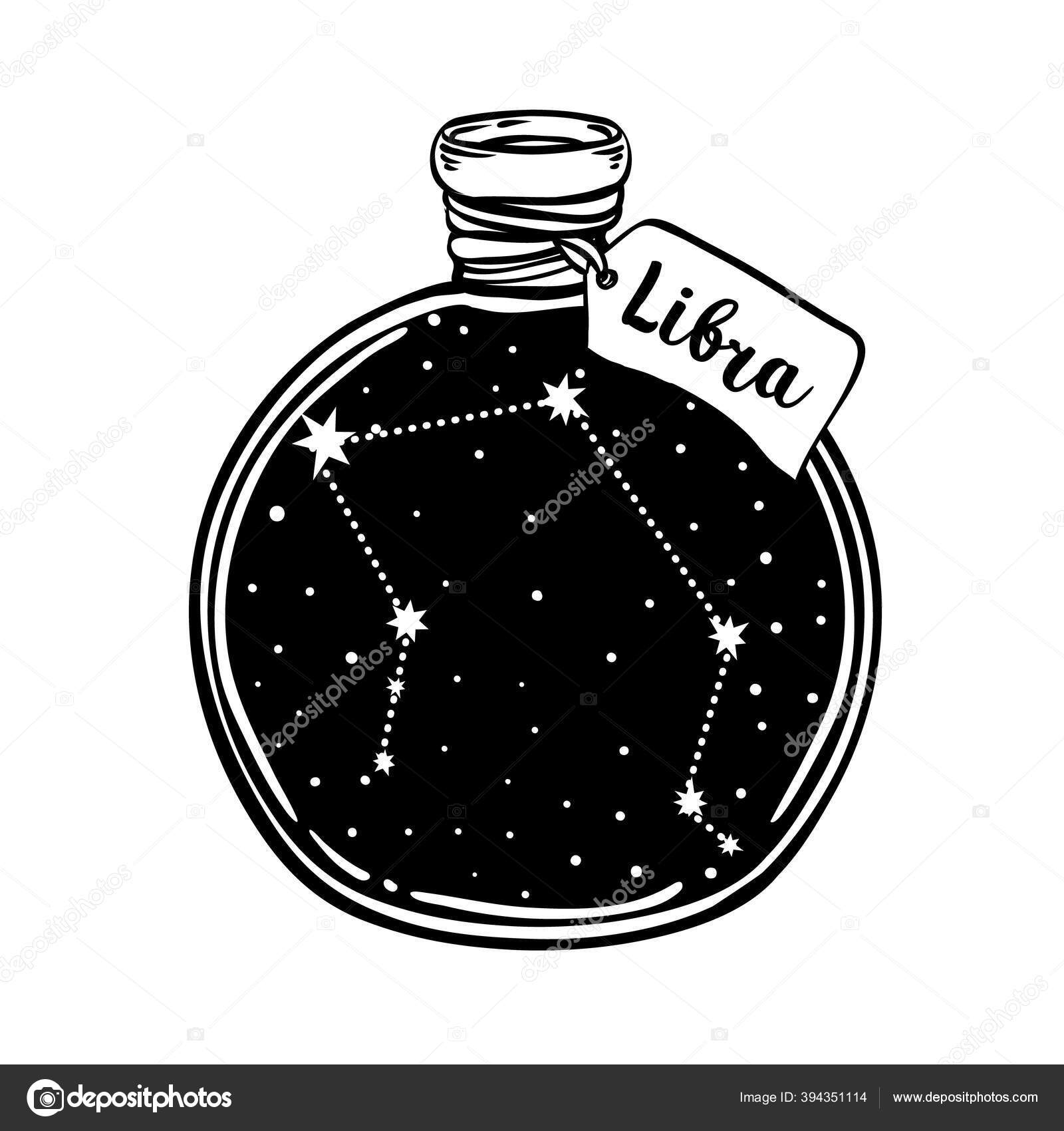 Garrafa De Vidro Com Constelacao De Libra Do Zodiaco Dentro Ilustracao De Tinta Vetorial Esboco Estilo Doodle Desenho Preto E Branco Isolado Design Para Colorir Pagina Do Livro Imagem Vetorial De C