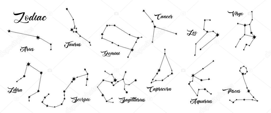 Constellations vector set. 12 zodiac signs. Aries, Taurus, Leo, Gemini, Virgo, Scorpio, Libra, Aquarius, Sagittarius, Pisces, Capricorn, Cancer. Vector illustration isolated.