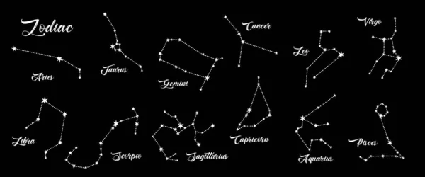 Conjunto de vectores Constelaciones. 12 signos del zodiaco. Aries, Tauro, Leo, Géminis, Virgo, Escorpio, Libra, Acuario, Sagitario, Piscis, Capricornio, Cáncer. Ilustración vectorial aislada en negro — Vector de stock