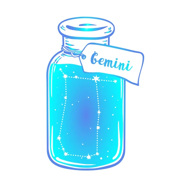 Butelka szklana z konstelacją zodiaku Gemini w środku. Ilustracja atramentu wektorowego. Szkic stylu Doodle, gradient kolorów izolowany. — Wektor stockowy