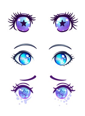 Anime 'de renkli güzel gözler, parlak ışık yansımalı manga tarzı. Parlak vektör çizimi izole edildi. Duygular, üzüntü ifadesi. Japon kawaii çizgi filmi.