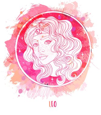 Acı çeken güzel bir kız olarak Leo astrolojik işaretinin suluboya çizimi. Zodiac vektör çizimi beyaza izole edildi. Gelecek anlatımı, yıldız falı