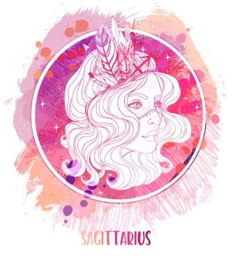 Sagittarius astrolojik işaretinin suluboya çizimi. Acı çeken güzel bir kız olarak. Zodiac vektör çizimi beyaza izole edildi. Gelecek anlatımı, yıldız falı