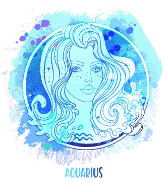 Acı çeken güzel bir kızken Aquarius astrolojik işaretinin suluboya çizimi. Zodiac vektör çizimi beyaza izole edildi. Gelecek anlatımı, yıldız falı, simya
