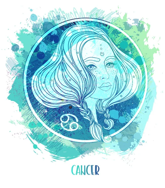 Akvarell ritning av cancer astrologiska tecken som en vacker flicka över smärtor. Zodiac vektor illustration isolerad på vitt. Framtiden avslöjande, horoskop — Stock vektor