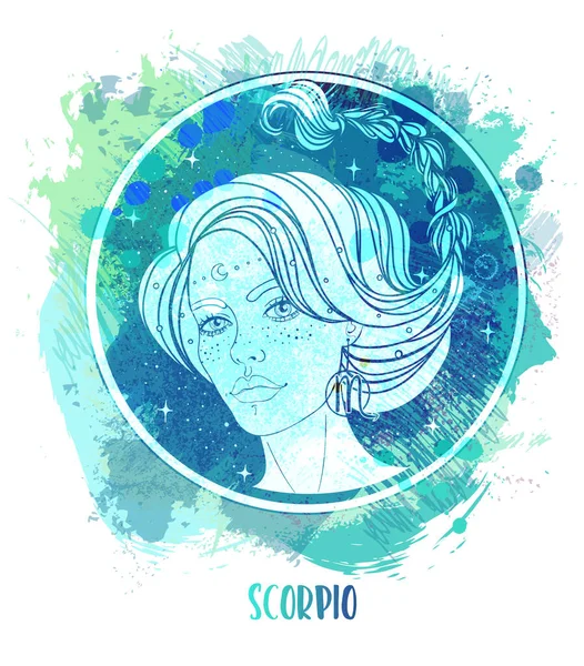 Disegno ad acquerello del segno astrologico Scorpione come una bella ragazza sopra il dolore. Illustrazione zodiacale vettoriale isolata su bianco. Raccontare il futuro, oroscopo — Vettoriale Stock