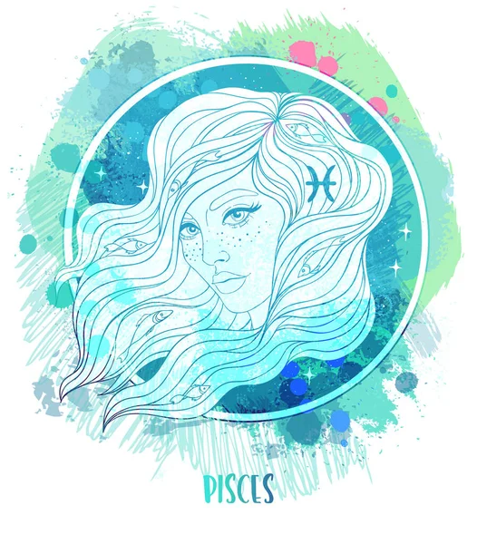 Akvarel kresba Ryby astrologické znamení jako krásná dívka přes malování. Zvěrokruhová vektorová ilustrace izolovaná na bílém pozadí. Budoucí vyprávění, horoskop. — Stockový vektor