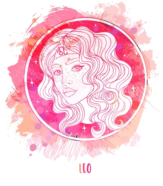 Водяний малюнок Лео астрологічного знаку як красива дівчина над болем. Векторна ілюстрація Зодіака ізольована на білому. Майбутнє оповідання, гороскоп — стоковий вектор