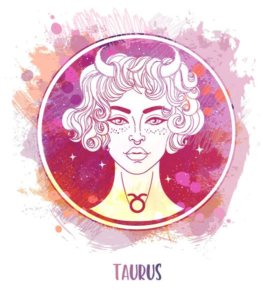 Akvarel kresba Taurus astrologické znamení jako krásná dívka přes malování. Zvěrokruhová vektorová ilustrace izolovaná na bílém pozadí. Budoucí vyprávění, horoskop — Stockový vektor