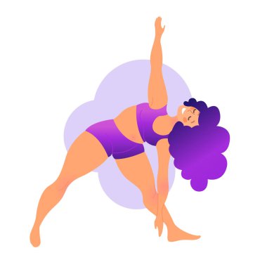 Artı yoga kursunda kıvrımlı kadın. Vektör illüstrasyonu beyaza izole edildi. Çevrimiçi ev antrenmanı konsepti. Vücut pozitif. Üçgen Poz veya Trikonasana.