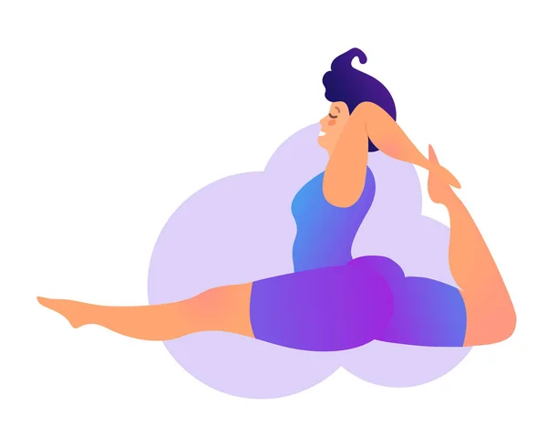 Plus de maat curvy lady die yoga les geeft. Vector illustratie geïsoleerd op wit. Online home workout concept. Lichaamspositief. Splitsen, apenslangen of Chanoemanasana — Stockvector