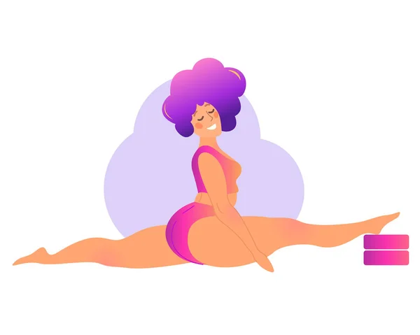 Plus size signora curvy facendo lezione di yoga. Illustrazione vettoriale isolata su bianco. Concetto di allenamento a casa online. Corpopositivo. Spalato, Scimmia Pose o Hanumanasana — Vettoriale Stock