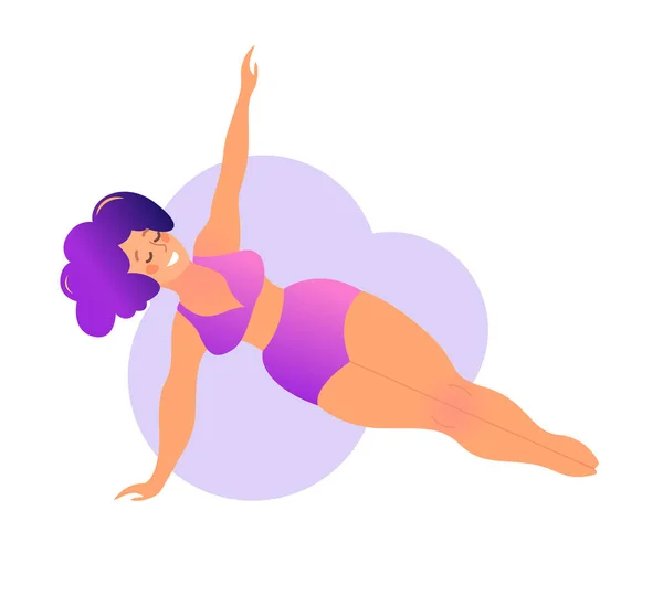 Además tamaño señora con curvas haciendo clase de yoga. Ilustración vectorial aislada en blanco. Concepto de entrenamiento en casa en línea. Cuerpo positivo. .. Postura de Vasisthasana o de la plataforma lateral — Archivo Imágenes Vectoriales