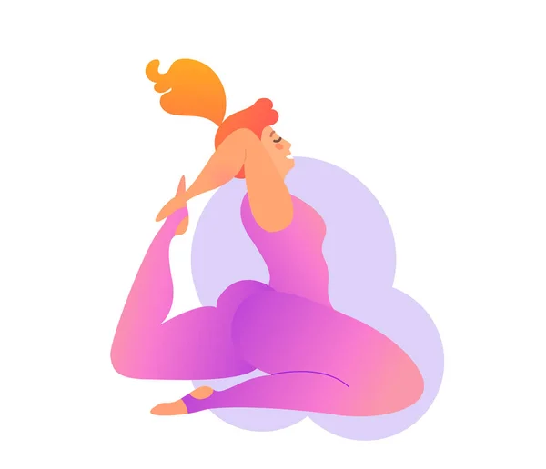 Plus size signora curvy facendo lezione di yoga. Illustrazione vettoriale isolata su bianco. Concetto di allenamento a casa online. Corpo positivo. Kapotasana o Pigeon Pose — Vettoriale Stock