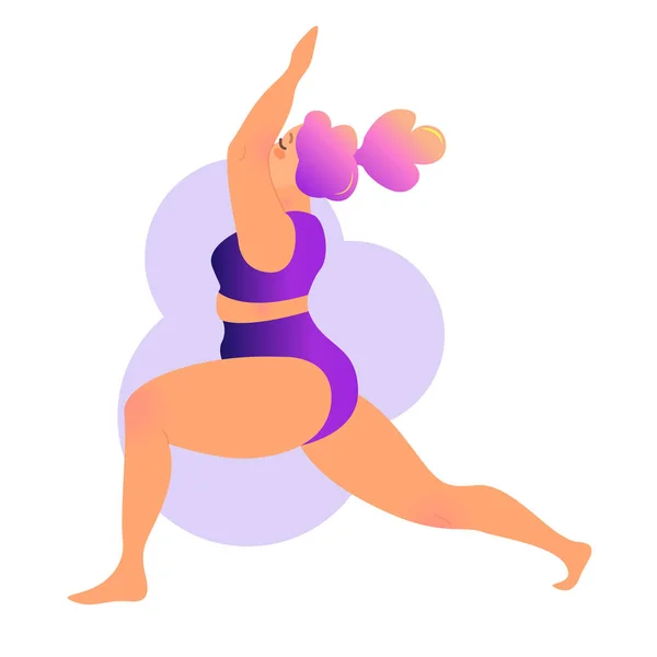 Plus taille courbée dame faisant des cours de yoga. Illustration vectorielle isolée sur blanc. Concept d'entraînement à domicile en ligne. Corps positif. Virabhadrasana ou pose guerrière. — Image vectorielle