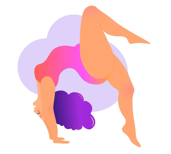 Plus size curvy lady doing yoga class. Vector illustration isolated on white. Online home workout concept. Body positive. Urdhva Dhanurasana, Upward Bow or Wheel Pose. — Stock Vector