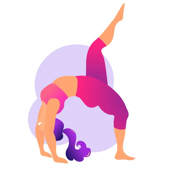 Plus taille courbée dame faisant des cours de yoga. Illustration vectorielle isolée sur blanc. Concept d'entraînement à domicile en ligne. Corps positif. Urdhva Dhanurasana, Pose vers le haut de l'arc ou de la roue. — Image vectorielle