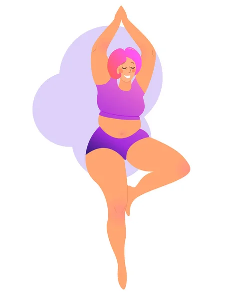 Plus taille courbée dame faisant des cours de yoga. Illustration vectorielle isolée sur blanc. Concept d'entraînement à domicile en ligne. Pose d'arbre, Vrksansana. Bodypositif. — Image vectorielle