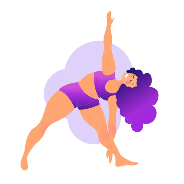 Además tamaño señora con curvas haciendo clase de yoga. Ilustración vectorial aislada en blanco. Concepto de entrenamiento en casa en línea. Cuerpo positivo. Triángulo Pose o Trikonasana . — Vector de stock