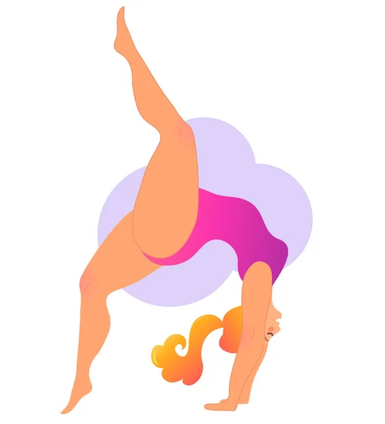 Además tamaño señora con curvas haciendo clase de yoga. Ilustración vectorial aislada en blanco. Concepto de entrenamiento en casa en línea. Cuerpo positivo. Urdhva Dhanurasana, Arco ascendente o soporte de rueda . — Vector de stock