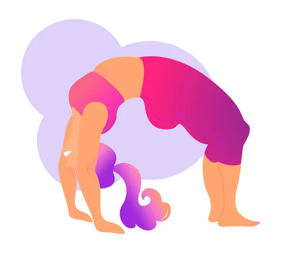 Plus Size kurvige Dame beim Yoga-Kurs. Vektor-Illustration isoliert auf weiß. Online Heimtrainingskonzept. Körper positiv. Urdhva Dhanurasana, Aufwärtsbogen oder Radhaltung. — Stockvektor