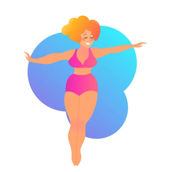 Plus size signora curvy godendo di nuoto. Illustrazione vettoriale isolata su bianco. Divertimento estivo. Corpopositivo. Attraente donna sovrappeso. — Vettoriale Stock