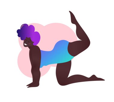 Sınıf. Vektör illüstrasyonu beyaza izole edildi. Vücut pozitif. Çekici Afrikalı Amerikalı kadın. Vyaghrasana veya Tiger Poose