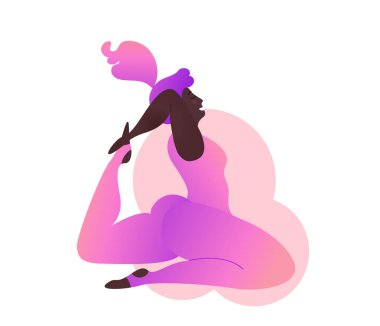 Artı siyah kıvrımlı kadın yoga dersi alıyor. Vektör illüstrasyonu beyaza izole edildi. Vücut pozitif. Çekici Afrikalı Amerikalı kadın. Kapotasana veya Güvercin Po