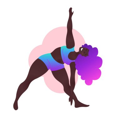 Artı siyah kıvrımlı kadın yoga dersi alıyor. Vektör illüstrasyonu beyaza izole edildi. Vücut pozitif. Çekici Afrikalı Amerikalı kadın. Üçgen Poz veya Trikonasana.
