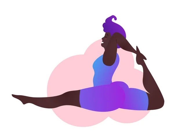 Plus taille dame courbée noire faisant des cours de yoga. Illustration vectorielle isolée sur blanc. Entraînement à domicile en ligne. Corps positif. Belle femme afro-américaine. Split, Pose de singe ou Hanumanasana. — Image vectorielle