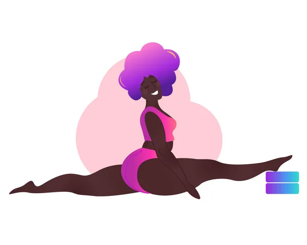 Plusz egy fekete görbe nő jógázik. Vektor illusztráció elszigetelt fehér. Online otthoni edzés. Testpozitív. Vonzó afro-amerikai nő. Split, Monkey Pose vagy Hanumanasana. — Stock Vector