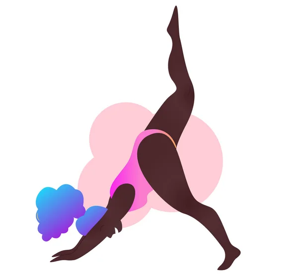 Plus size black curvy lady doing yoga class. Vector illustration isolated on white. Online workout. Bodypositive. Attractive African American girl. Downward facing dog asana or Adho mukha svanasana. — Stock Vector