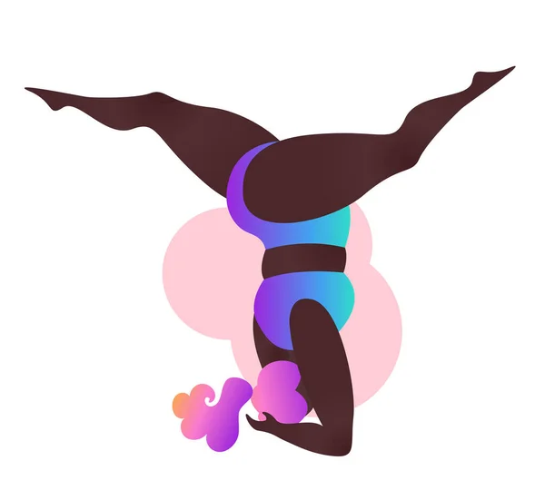 Plus maat zwarte curvy dame die yogales doet. Vector illustratie geïsoleerd op wit. Lichaam positief. Aantrekkelijke Afro-Amerikaanse vrouw. Utthita pada sirsasana, hoofdstand gespleten houding. — Stockvector